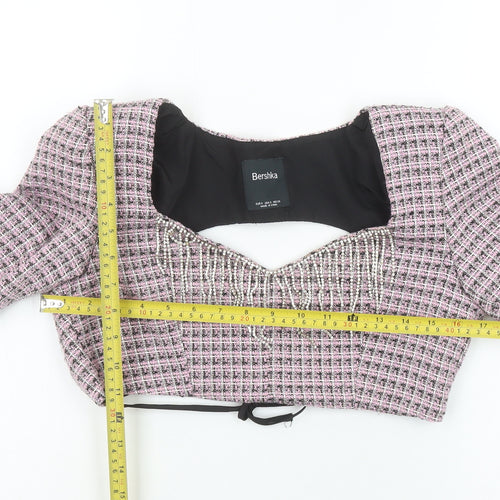 Bershka Womens Pink Check Cropped Beaded Blouse Size 8