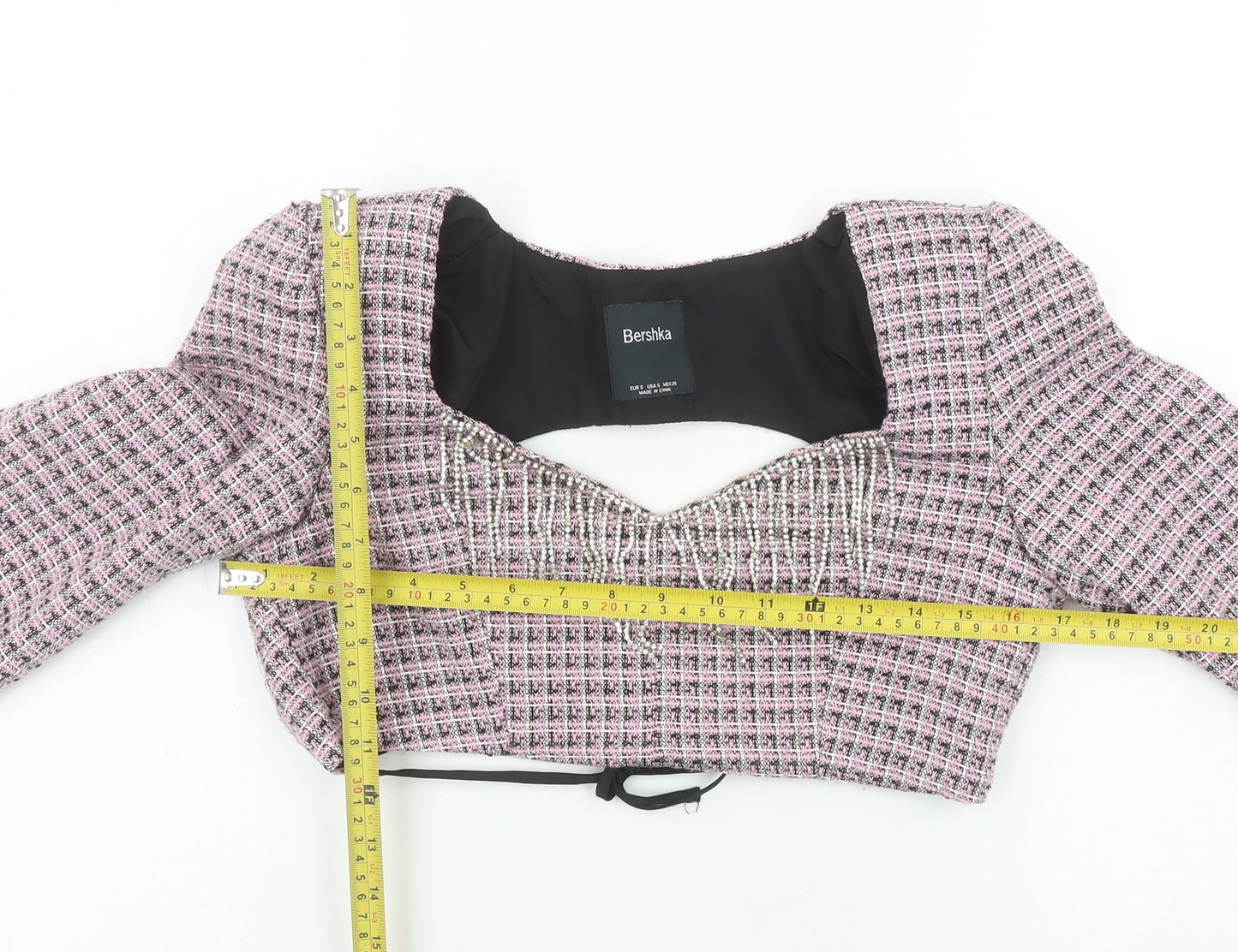 Bershka Womens Pink Check Cropped Beaded Blouse Size 8