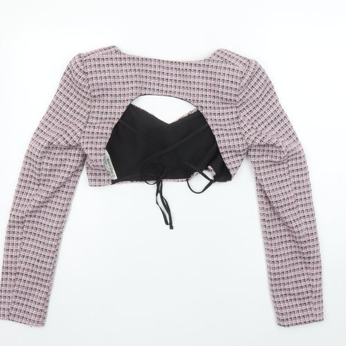 Bershka Womens Pink Check Cropped Beaded Blouse Size 8