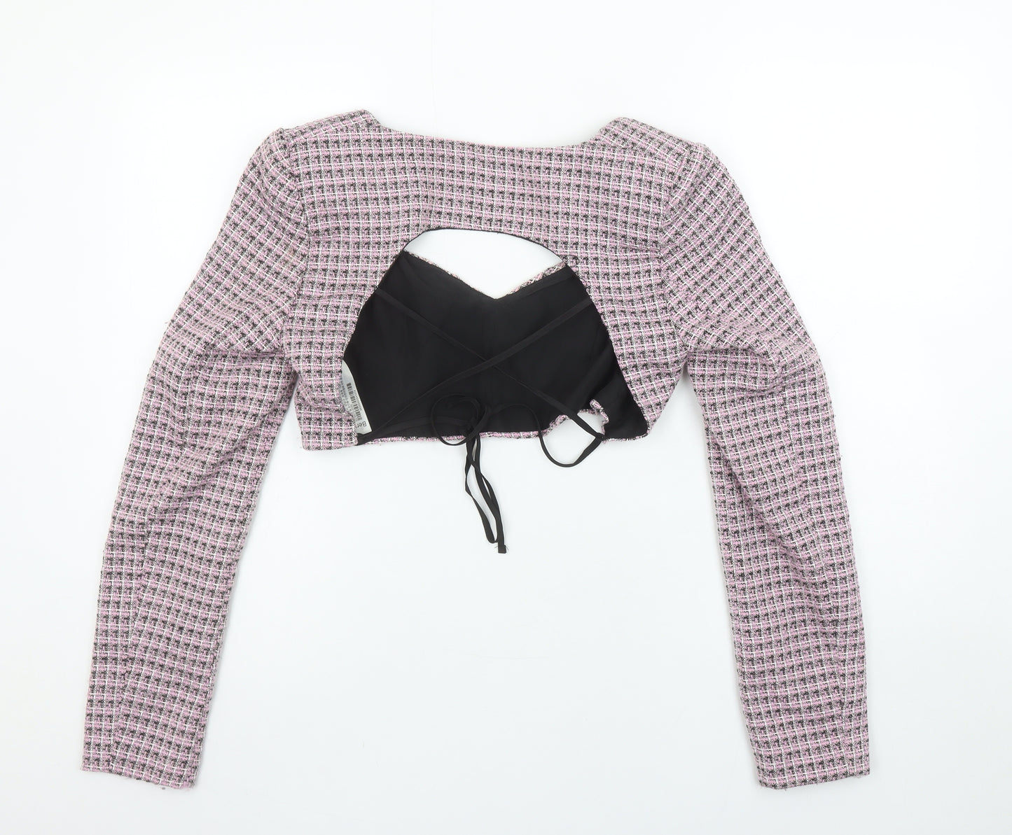 Bershka Womens Pink Check Cropped Beaded Blouse Size 8