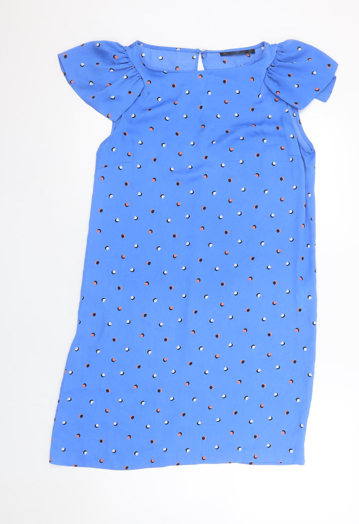 Zara Women Blue Polka Dot Shift Dress M Puff Sleeve