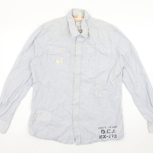 Pepe Jeans Men's Blue Striped Slim Fit Long Sleeve Button-Up Shirt L