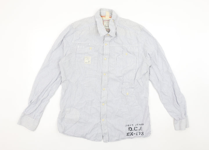 Pepe Jeans Men's Blue Striped Slim Fit Long Sleeve Button-Up Shirt L