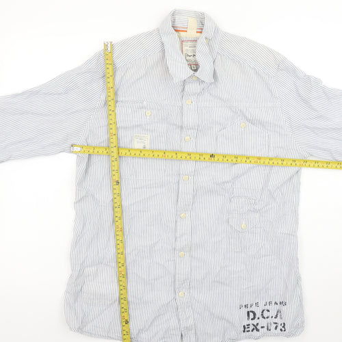 Pepe Jeans Men's Blue Striped Slim Fit Long Sleeve Button-Up Shirt L