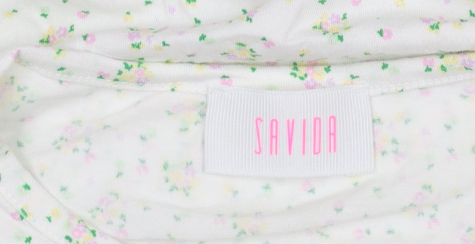 Savida Women’s White Floral Puff Sleeve Cotton T-Shirt Size 12