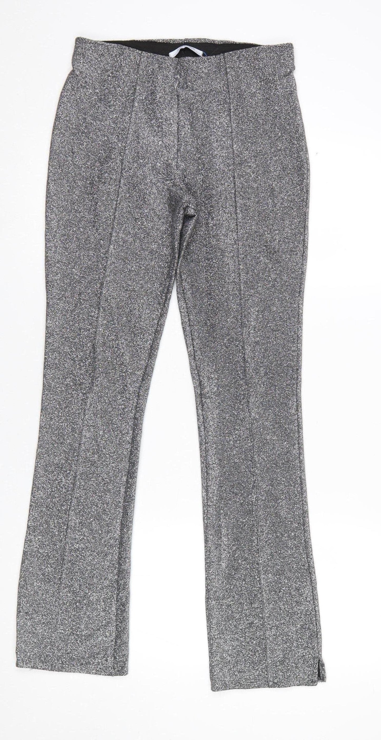 ZARA Women Silver Metallic Stretch Leggings Size 8 Party Knit Pants