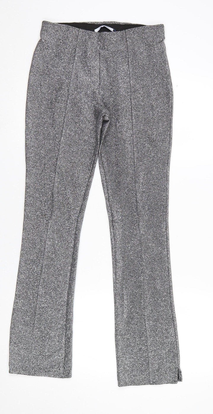 ZARA Women Silver Metallic Stretch Leggings Size 8 Party Knit Pants