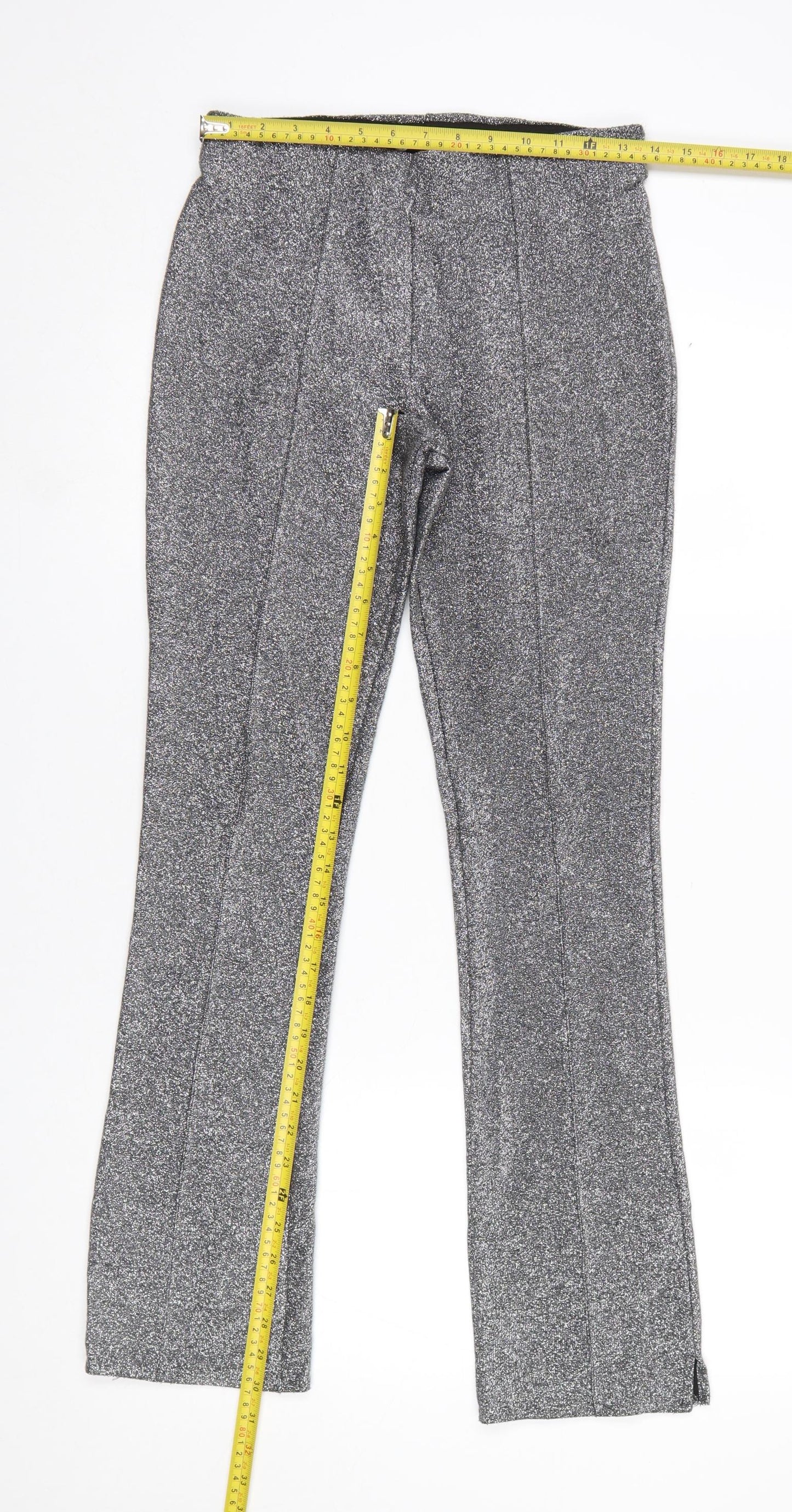 ZARA Women Silver Metallic Stretch Leggings Size 8 Party Knit Pants
