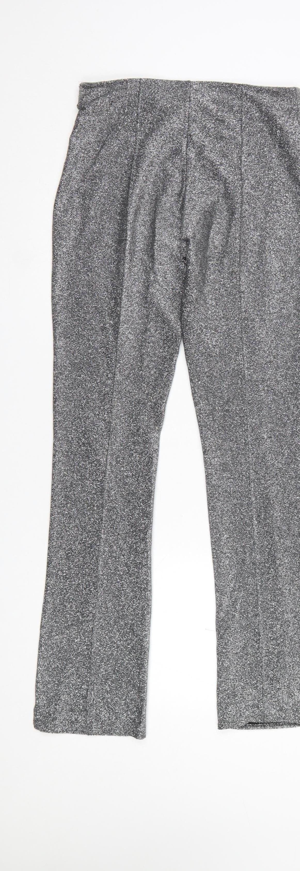 ZARA Women Silver Metallic Stretch Leggings Size 8 Party Knit Pants