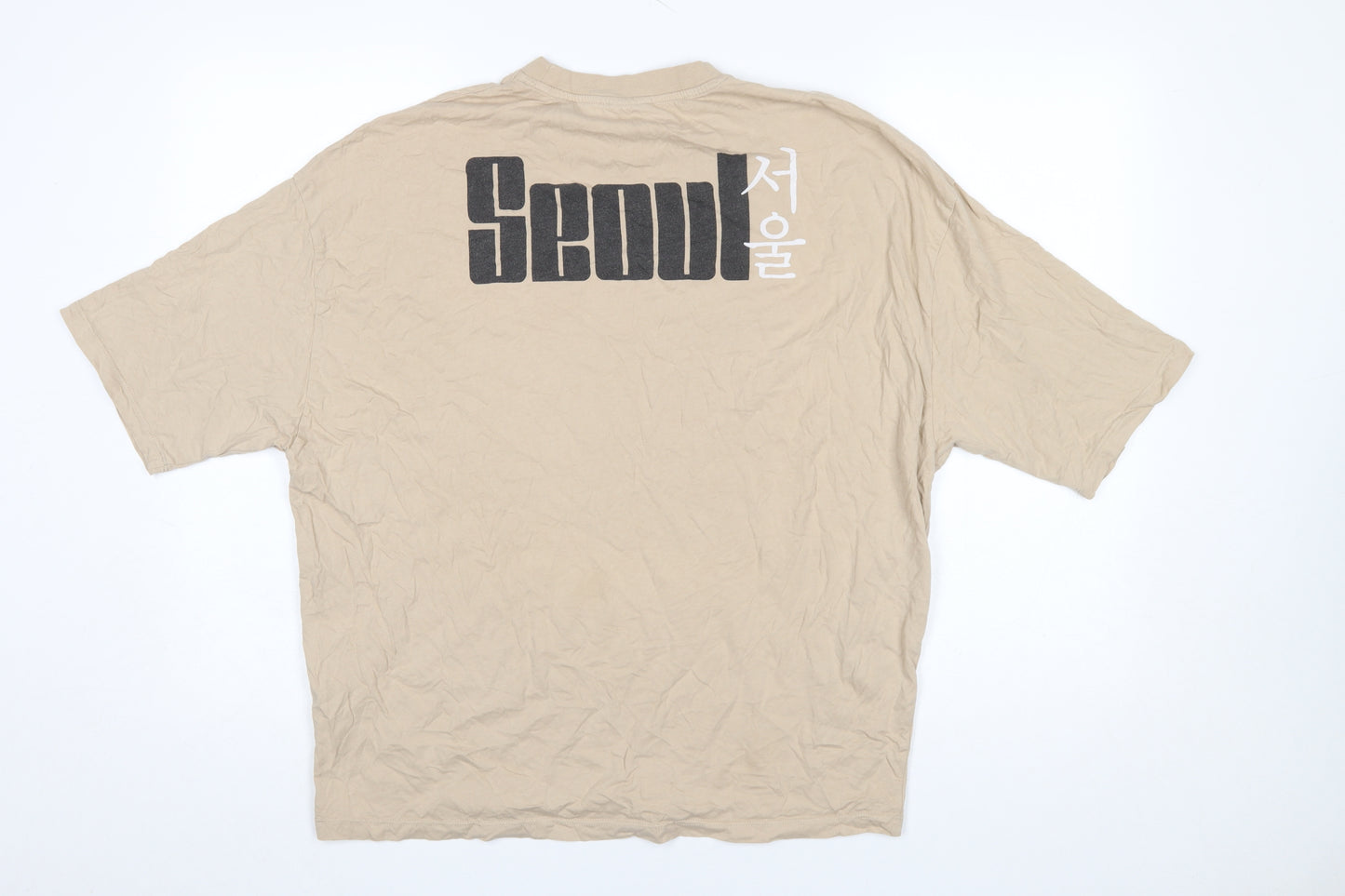 ASOS Design Men's Beige Crew Neck Seoul Graphic Cotton T-Shirt Size S