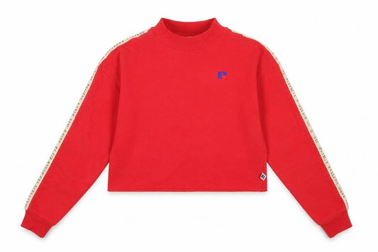 Front view of Russell Athletic women’s red cropped pullover sweatshirt, size S