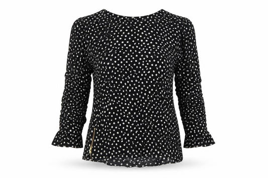 Front view of Warehouse women’s black polka dot 3/4 sleeve tunic blouse, size UK 12