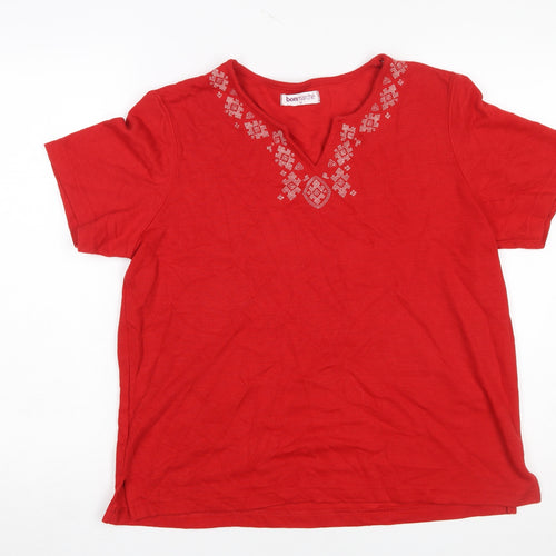 Bonmarché Women's Red Embroidered V-Neck Cotton T-Shirt Size M