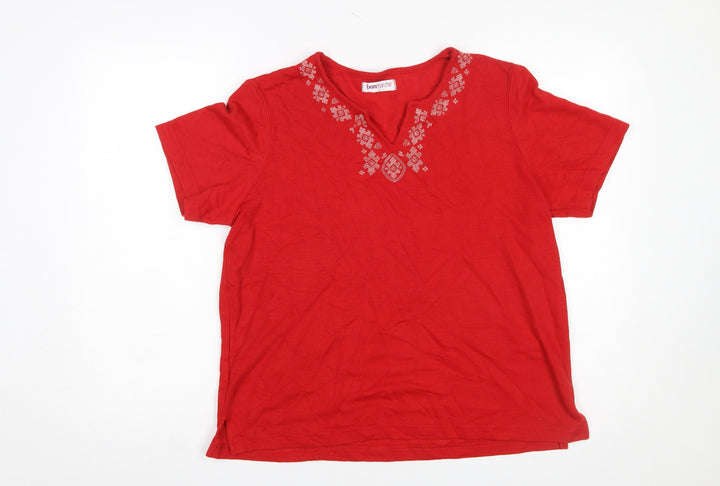 Bonmarché Women's Red Embroidered V-Neck Cotton T-Shirt Size M