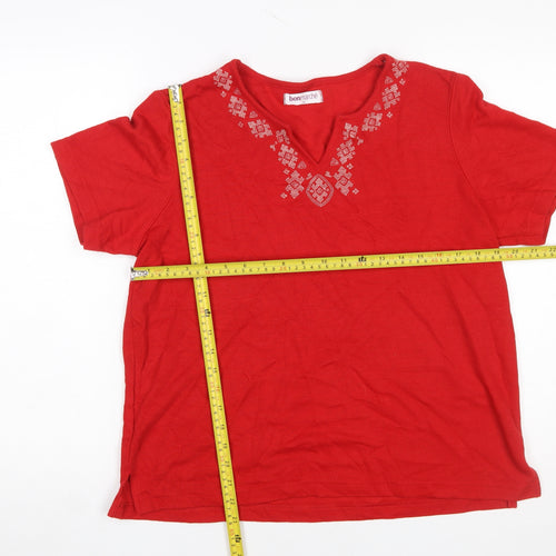 Bonmarché Women's Red Embroidered V-Neck Cotton T-Shirt Size M