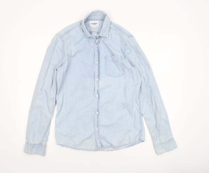 Pull & Bear Women’s Blue Denim Button-Up Shirt Size 8 Cotton