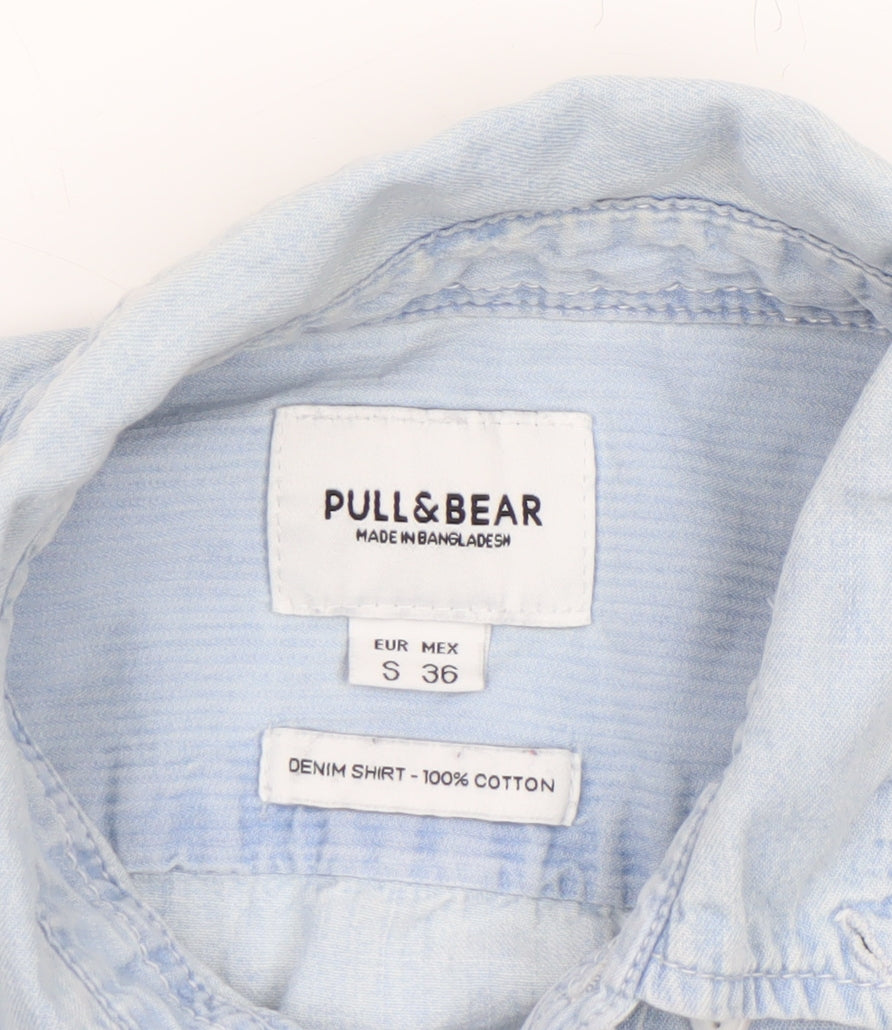 Pull & Bear Women’s Blue Denim Button-Up Shirt Size 8 Cotton