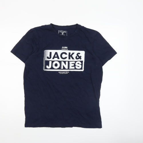 Jack & Jones Mens Blue Graphic Logo Crew Neck Cotton T-Shirt Size M