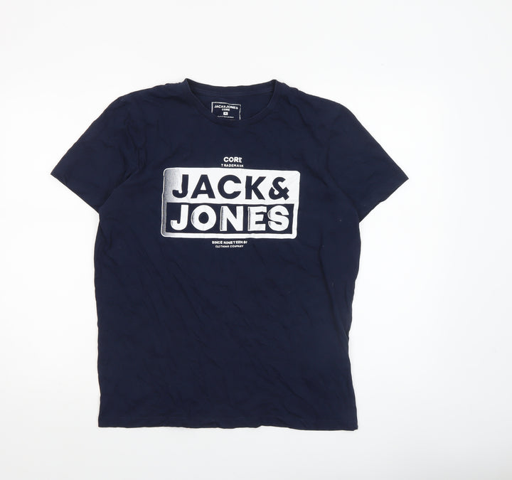 Jack & Jones Mens Blue Graphic Logo Crew Neck Cotton T-Shirt Size M
