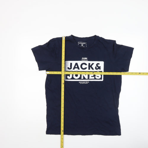 Jack & Jones Mens Blue Graphic Logo Crew Neck Cotton T-Shirt Size M