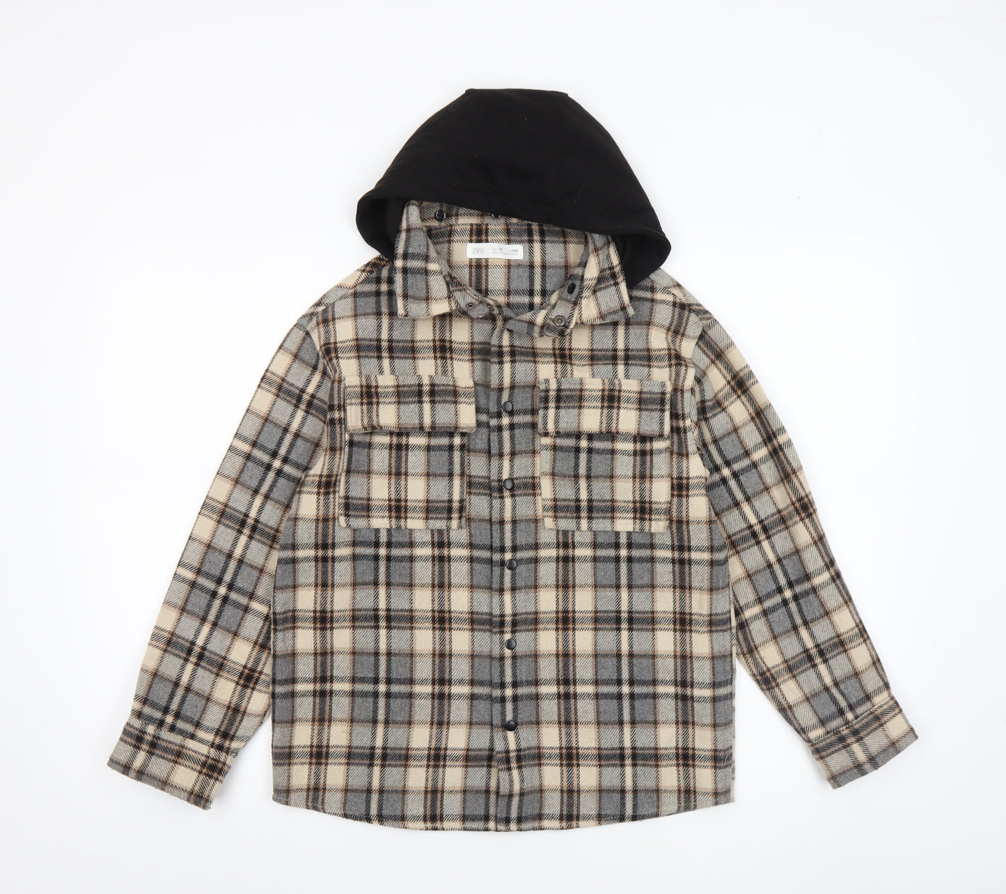 ZARA Boys Beige Check Hooded Shirt Jacket Size 10 Years Flannel