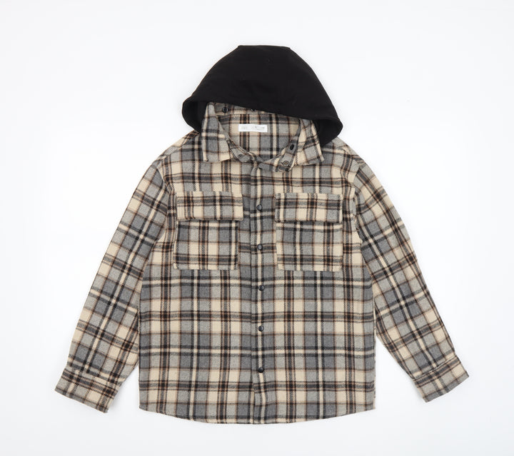 ZARA Boys Beige Check Hooded Shirt Jacket Size 10 Years Flannel