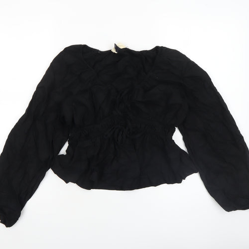Universal Thread Womens Black Linen Blend Bohemian Long Sleeve Peasant Blouse Size S