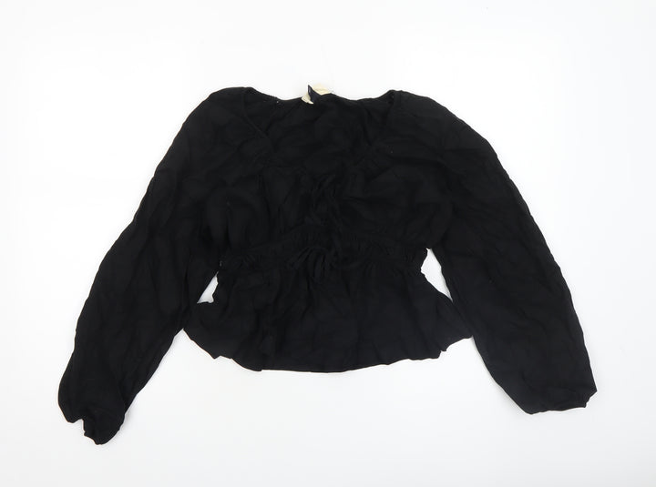 Universal Thread Womens Black Linen Blend Bohemian Long Sleeve Peasant Blouse Size S