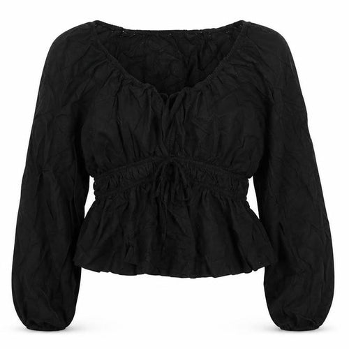 Universal Thread Womens Black Linen Blend Bohemian Long Sleeve Peasant Blouse Size S