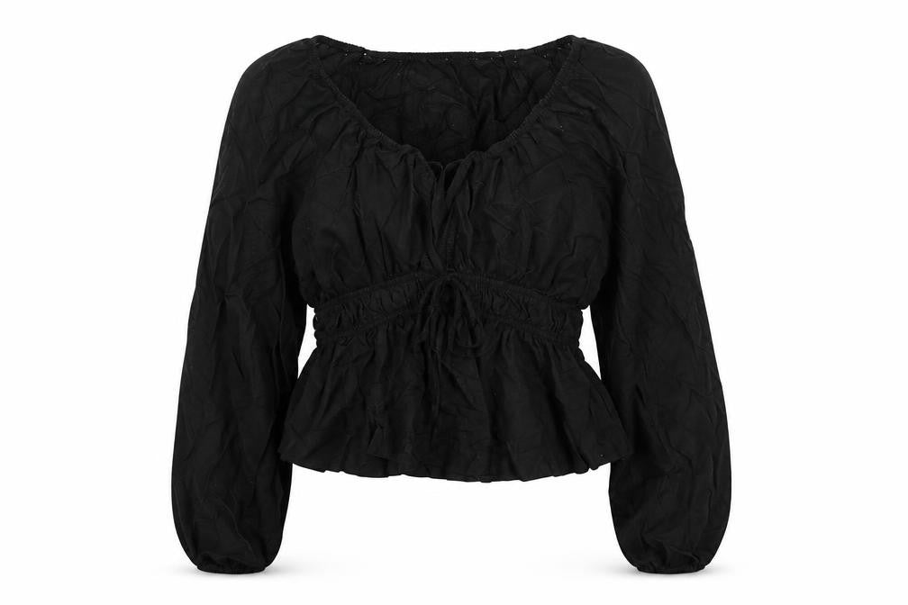 Universal Thread Womens Black Linen Blend Bohemian Long Sleeve Peasant Blouse Size S