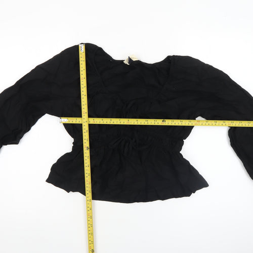 Universal Thread Womens Black Linen Blend Bohemian Long Sleeve Peasant Blouse Size S