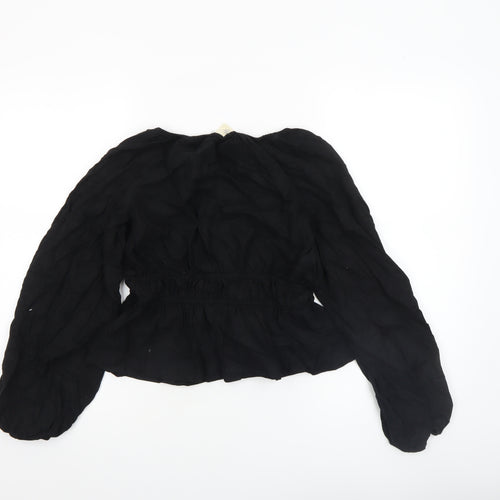 Universal Thread Womens Black Linen Blend Bohemian Long Sleeve Peasant Blouse Size S