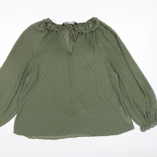 ZARA Women Green Ruffle Neck Long Sleeve Chiffon Tunic Blouse XS