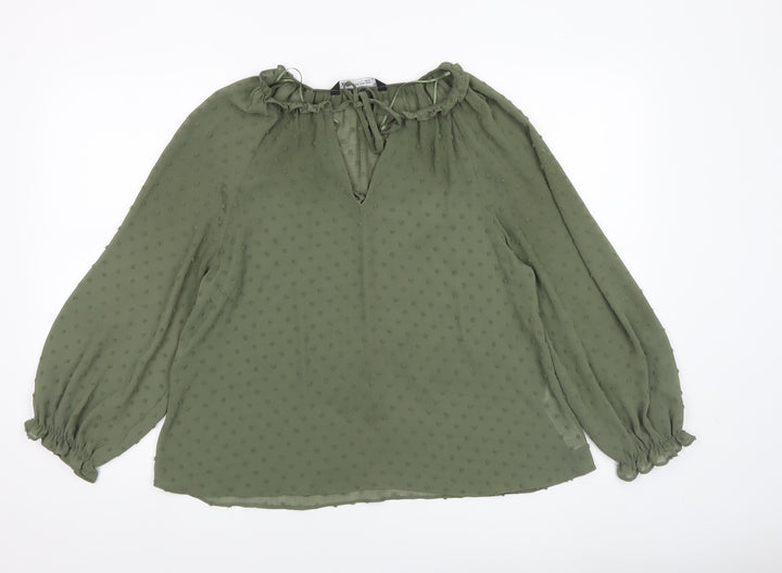 ZARA Women Green Ruffle Neck Long Sleeve Chiffon Tunic Blouse XS