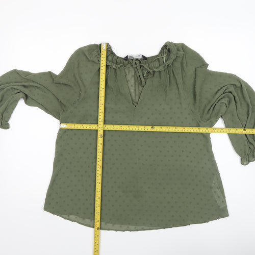 ZARA Women Green Ruffle Neck Long Sleeve Chiffon Tunic Blouse XS