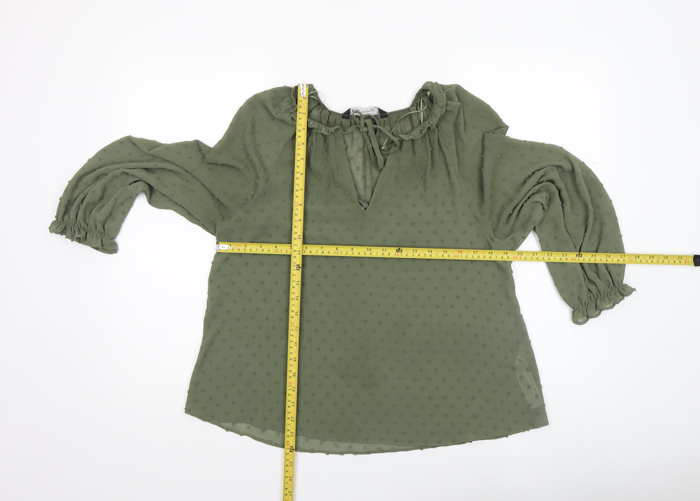 ZARA Women Green Ruffle Neck Long Sleeve Chiffon Tunic Blouse XS