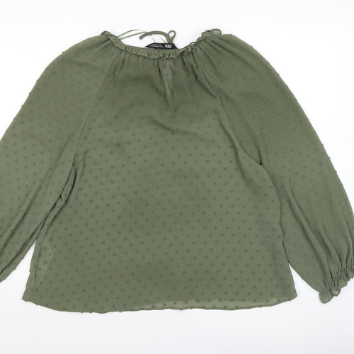 ZARA Women Green Ruffle Neck Long Sleeve Chiffon Tunic Blouse XS