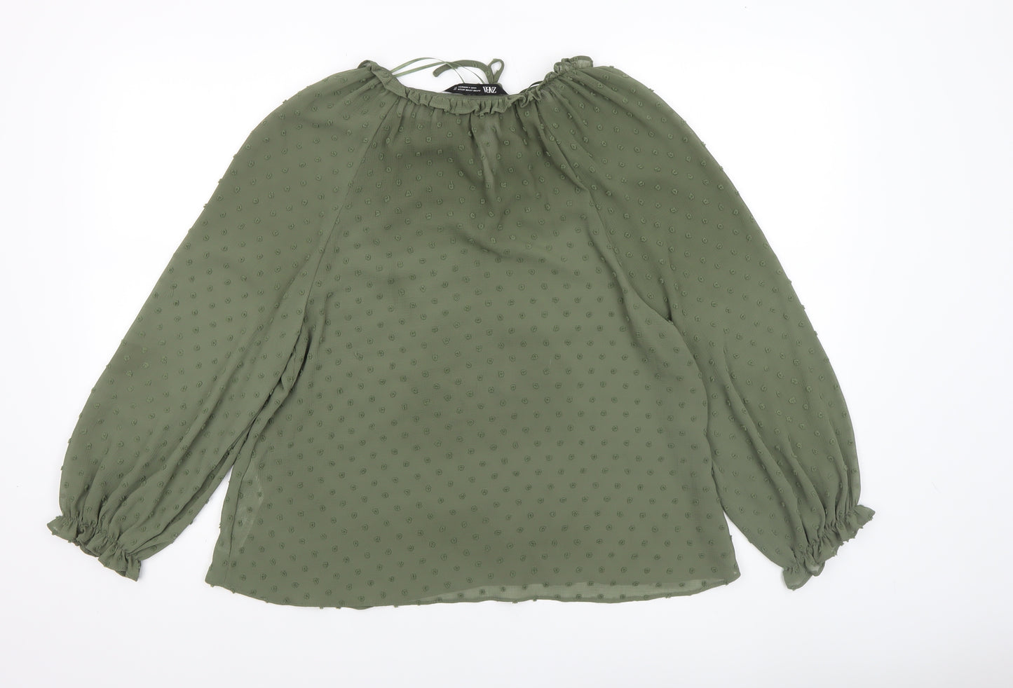 ZARA Women Green Ruffle Neck Long Sleeve Chiffon Tunic Blouse XS