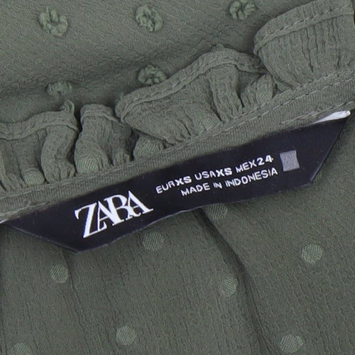 ZARA Women Green Ruffle Neck Long Sleeve Chiffon Tunic Blouse XS