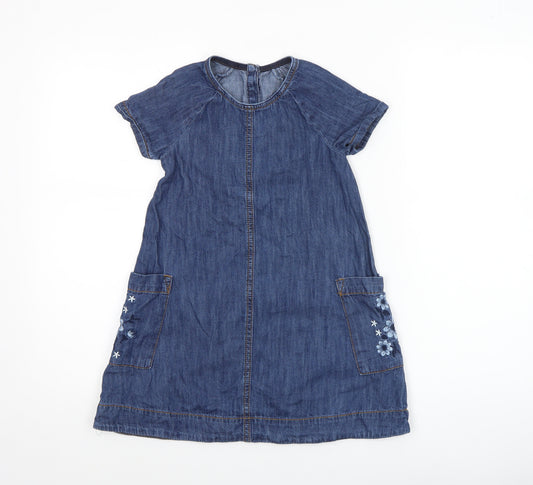 Mothercare Girls Blue Denim Embroidered Pocket Shift Dress 6-7 Years