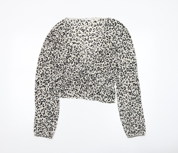 ZARA Women’s Leopard Print Long Sleeve Cropped Blouse L