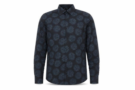 Front view of BOSS Men's Blue Slim Fit 15in 38in Long Sleeve Button-Up Shirt