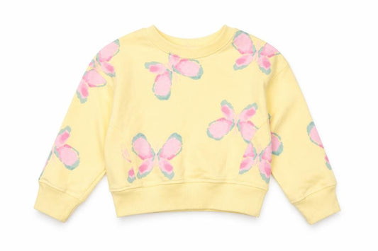 Front view of Primark girls’ yellow butterfly print long sleeve cotton sweatshirt 18-24 months