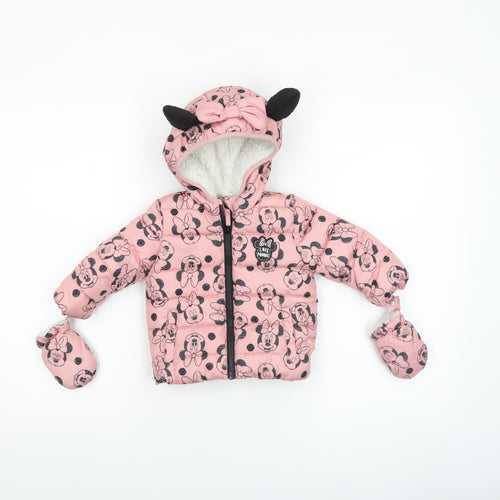 Disney Baby Girls Pink Minnie Mouse Puffer Jacket 3-6 Months Hooded Winter Coat