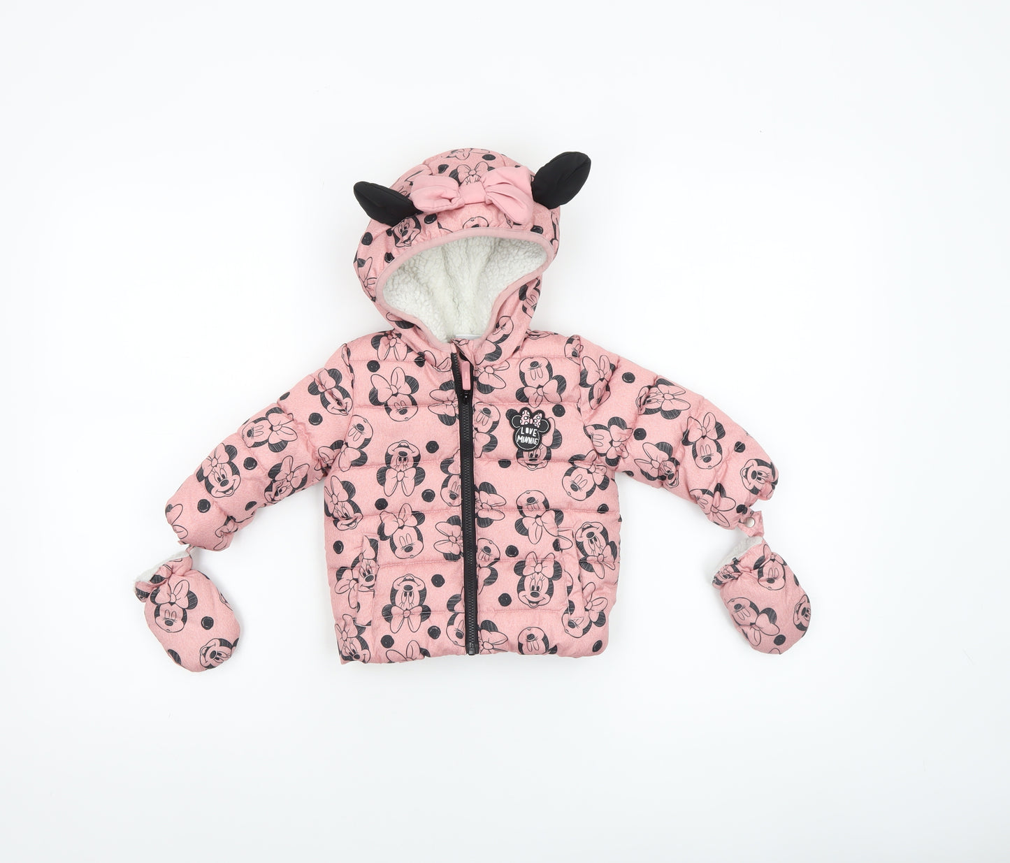 Disney Baby Girls Pink Minnie Mouse Puffer Jacket 3-6 Months Hooded Winter Coat