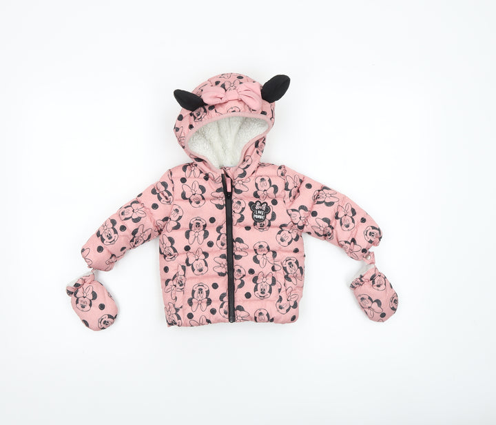 Disney Baby Girls Pink Minnie Mouse Puffer Jacket 3-6 Months Hooded Winter Coat