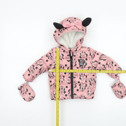 Disney Baby Girls Pink Minnie Mouse Puffer Jacket 3-6 Months Hooded Winter Coat