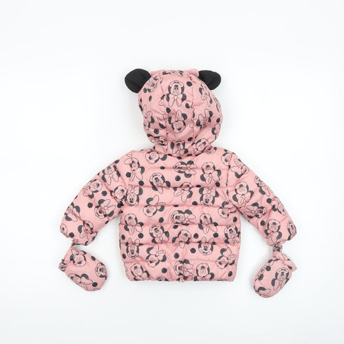 Disney Baby Girls Pink Minnie Mouse Puffer Jacket 3-6 Months Hooded Winter Coat
