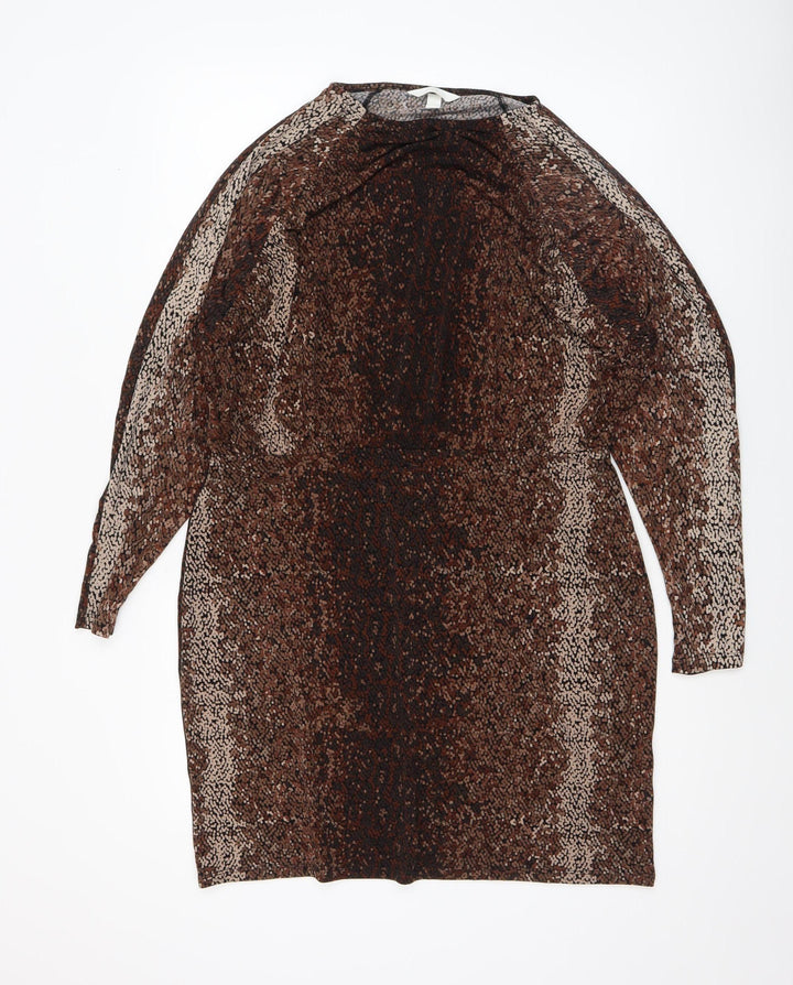 H&M Women’s Brown Animal Print Bodycon Dress XL Long Sleeve