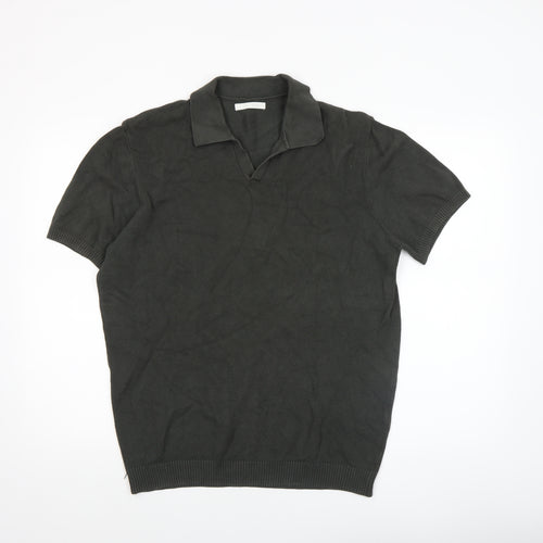 Zara Men Black Cotton Knit Short Sleeve Polo Shirt Size L